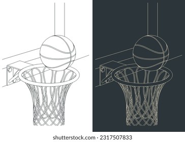 Stylized vector illustrations of basketball hoop and ball close up