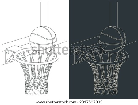 Stylized vector illustrations of basketball hoop and ball close up