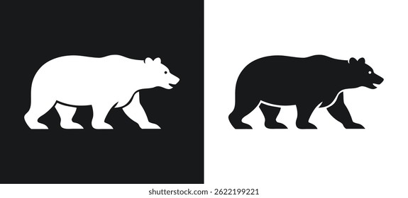 Stylized vector illustrations of a bear walking with minimalist design on two color backgrounds