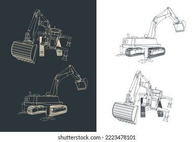 Stylized vector illustrations of big excavator