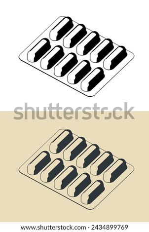 Stylized vector illustrations of a blister of pills