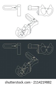 Stylized vector illustrations of blueprint of archery arrow rests  compound bow shelf