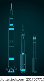 Stylized vector illustrations of blueprint of launch vehicles