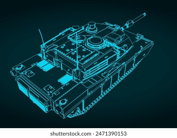Stylized vector illustrations of blueprint of a M1 Abrams tank