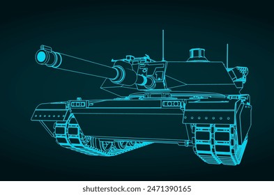 Stylized vector illustrations of blueprint of a M1 Abrams tank