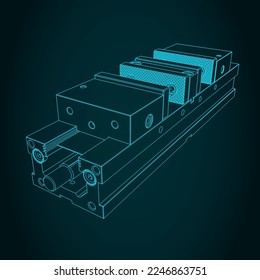 Stylized vector illustrations of blueprint of machine vice for CNC machines