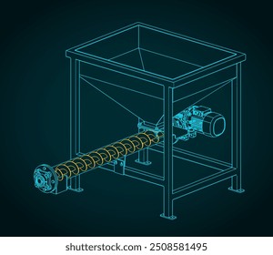 Stylized vector illustrations of blueprint of a screw feeding conveyor