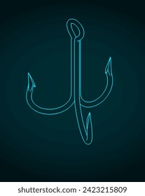 Stylized vector illustrations of blueprint of a treble fishing hook