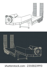 Stylized vector illustrations of blueprints of 3 axle lowbed trailer