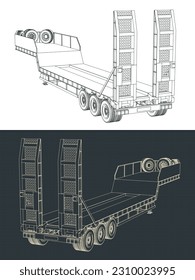 Stylized vector illustrations of blueprints of 3 axle lowbed trailer