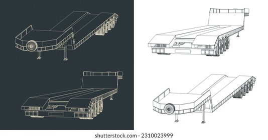 Stylized vector illustrations of blueprints of 4 axle lowbed trailer