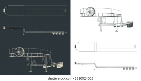 Stylized vector illustrations of blueprints of 4 axle lowbed trailer