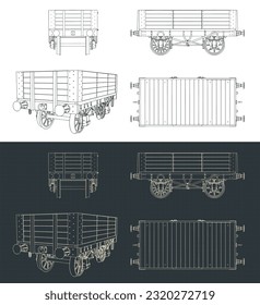 Ilustraciones vectoriales estilizadas de planos de 5 carretillas de carbón