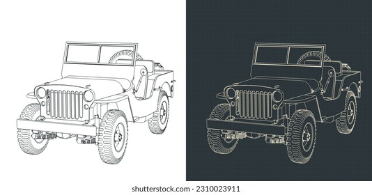 Stylized vector illustrations of blueprints of all-terrain vehicle