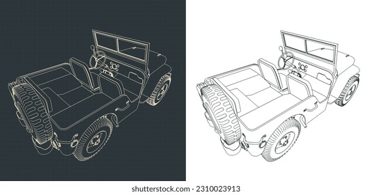 Stylized vector illustrations of blueprints of all-terrain vehicle