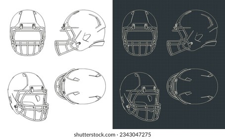 Stylized vector illustrations of blueprints of american football helmet
