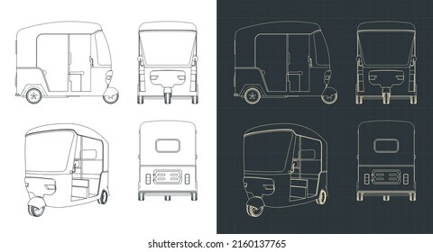 Ilustraciones vectoriales estilizadas de planos de rickshaw automático