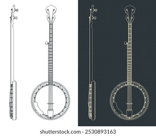 Ilustraciones vectoriales estilizadas de planos de un banjo