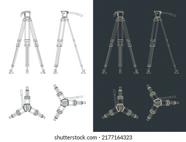 Stylized vector illustrations of blueprints of camera tripod