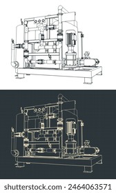 Ilustraciones vectoriales estilizadas de planos de estación de tratamiento químico