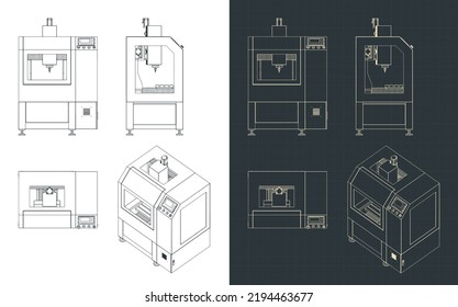 Ilustraciones vectoriales estilizadas de planos de la máquina de perforación y encaminamiento de PCB CNC