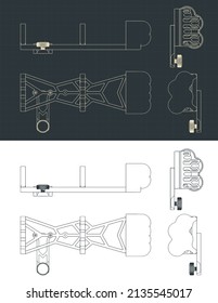 Stylized vector illustrations of blueprints of compound bow quiver