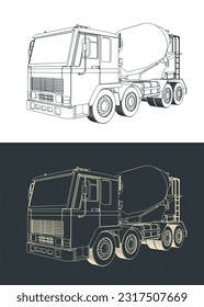 Stylized vector illustrations of blueprints of concrete mixer truck