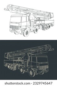 Stylized vector illustrations of blueprints of concrete pump truck