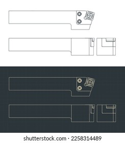 Stylized vector illustrations of blueprints of cutting tool for lathe with vertical axis of rotation