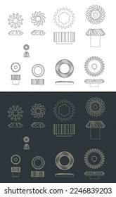 Stylized vector illustrations of blueprints of different types of gears