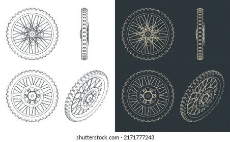 Stylized vector illustrations of blueprints of dirt bike front wheel with disk brakes and sprocket