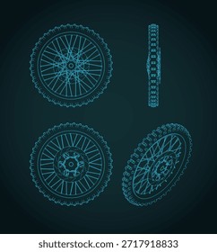 Ilustraciones vectoriales estilizadas de planos de la rueda delantera de la bici de la suciedad con los frenos de disco y el piñón