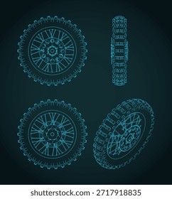 Ilustraciones vectoriales estilizadas de planos de la rueda trasera de la bici de la suciedad con los frenos de disco y el piñón