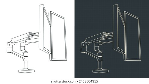 Stylized vector illustrations of blueprints of dual monitor mount