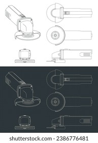 Stylized vector illustrations of blueprints of electrical angle grinder