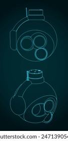 Stylized vector illustrations of blueprints of enclosed ball gimbal camera