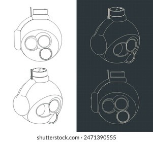 Stylized vector illustrations of blueprints of enclosed ball gimbal camera