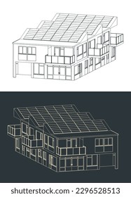 Stylized vector illustrations of blueprints of energy efficient townhouse