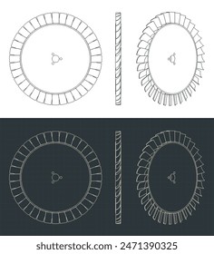 Stylized vector illustrations of blueprints of engine compressor blisk