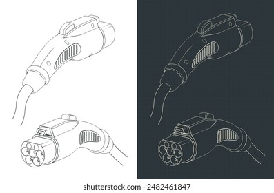 Ilustraciones vectoriales estilizadas de planos del conector de CA GBT del cargador de EV