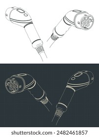 Ilustraciones vectoriales estilizadas de planos del enchufe del tipo 2 del cargador del EV