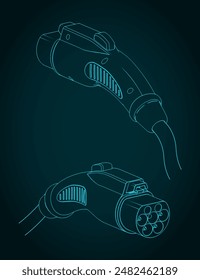 Stylized vector illustrations of blueprints of EV charger GBT AC connector