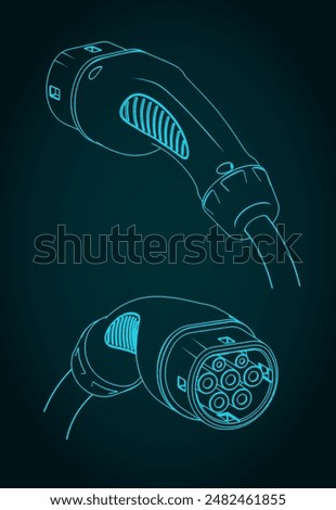Stylized vector illustrations of blueprints of EV charger type 2 plug