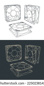 Ilustraciones vectoriales estilizadas de planos de ventiladores para enfriadores de CPU y estuches de computadora