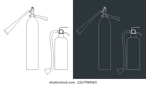 Stylized vector illustrations of blueprints of fire extinguishers
