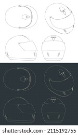 Stylized vector illustrations of blueprints of Formula 1 helmet