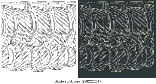 Stylized vector illustrations of blueprints of gearbox mechanisms close-up