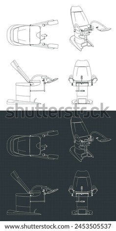 Stylized vector illustrations of blueprints of a gynecological examination chair
