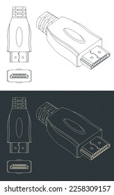 Ilustraciones vectoriales estilizadas de planos de conexión HDMI macho