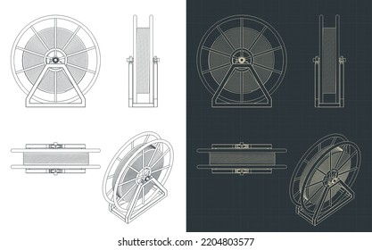 Stylized vector illustrations of blueprints of high voltage cable drum